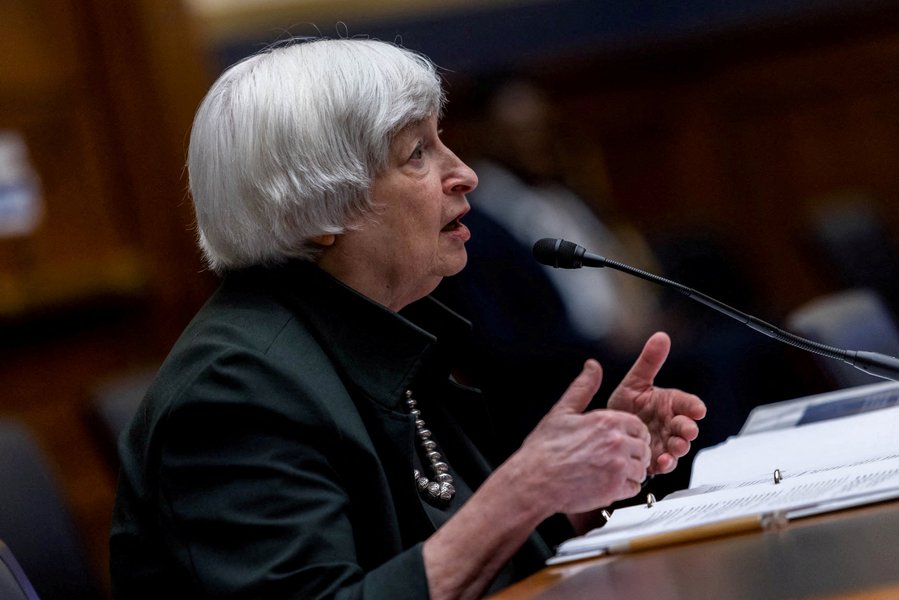 FILE PHOTO: U.S. Treasury Secretary Janet Yellen testifies during a U.S. House Committee on Financial Services hearing on the Annual Report of the Financial Stability Oversight Council, on Capitol Hill in Washington