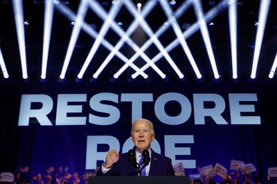 U.S. President Joe Biden delivers remarks, during a campaign event focusing on abortion rights at the Hylton Performing Arts Center, in Manassas