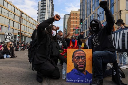 People rally the day before jury selection is scheduled to begin for the trial of the officer who is accused of killing George Floyd, in Minneapolis