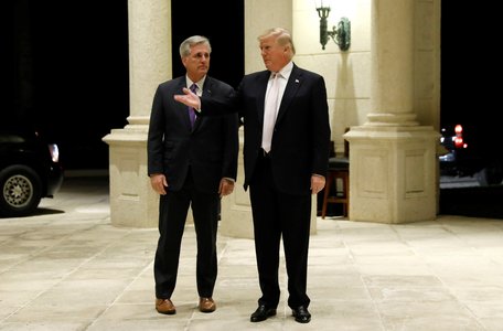 U.S. President Donald Trump speaks as he and House Majority Leader Kevin McCarthy arrive for dinner at Trump's golf club in West Palm Beach