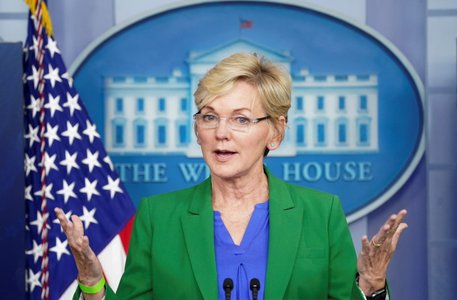 FILE PHOTO: Energy Secretary Granholm speaks at a press briefing at the White House in Washington