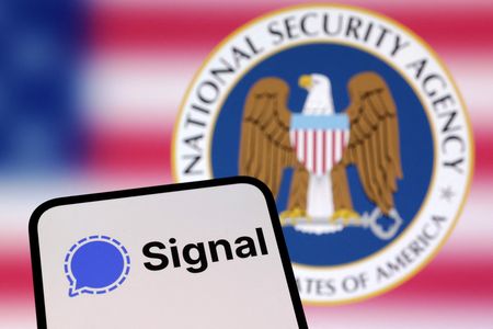 Illustration shows Signal app and National Security Agency of United States logos