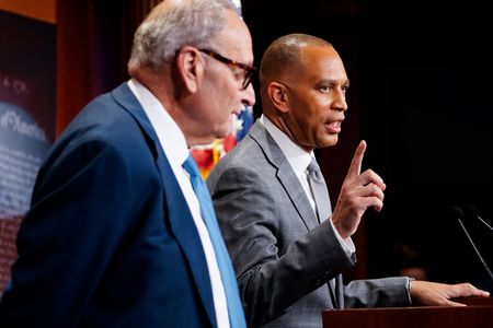 U.S. House Minority Leader Jeffries and U.S. Senate Minority Leader Schumer attend a press conference at the U.S Capitol, in Washington