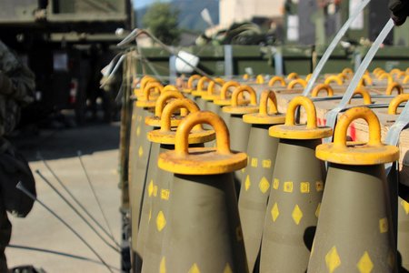 155mm Base Burn Dual Purpose Improved Conventional Munitions (DPICM) rounds wait to be loaded in South Korea